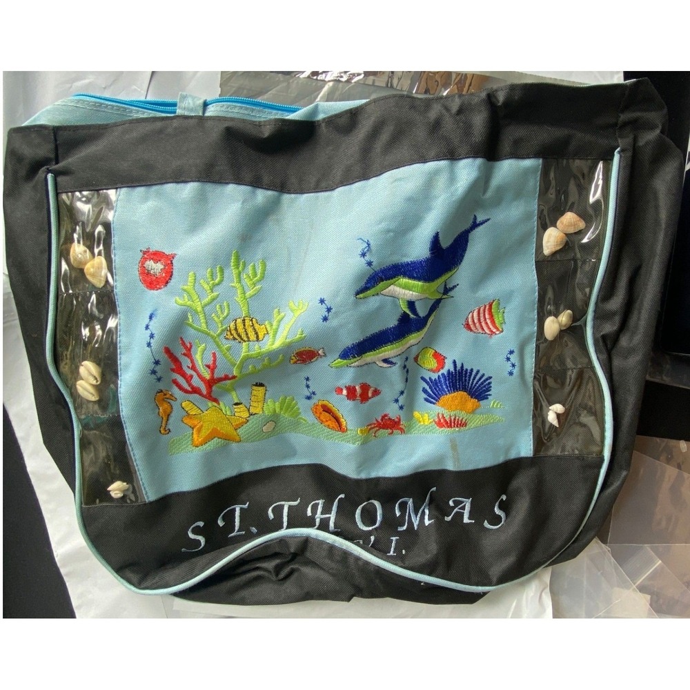 St Thomas Souvenir Embroidered Tote Bag Dolphins Fish Seashell Accents